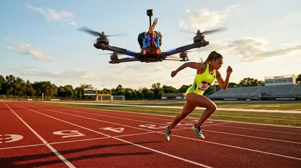 Coureuse en jaune avec drone de course la suivant