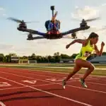 Coureuse en jaune avec drone de course la suivant