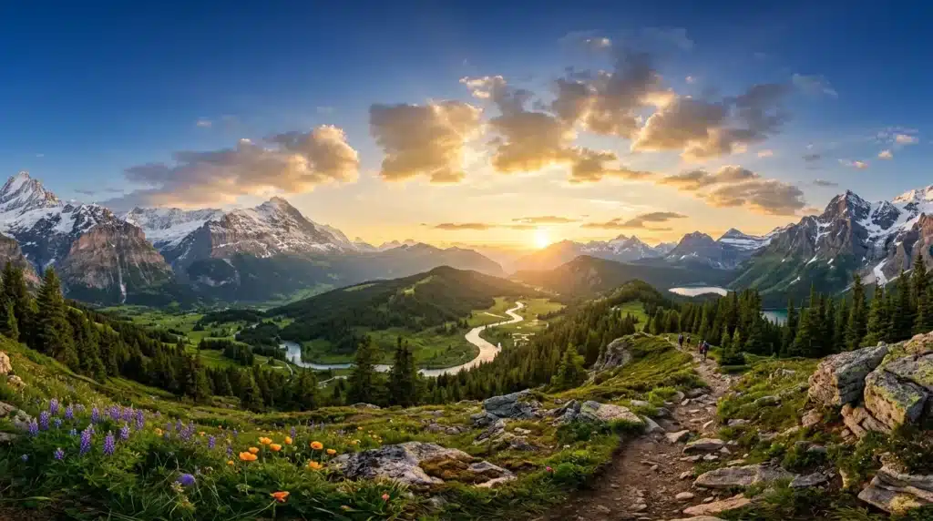 Vallée alpine avec montagnes, fleurs sauvages et rivière sinueuse