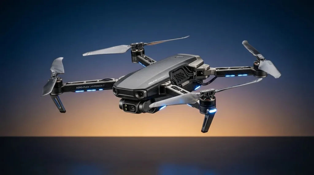 Drone quadricoptère gris et noir avec hélices blanches illuminées