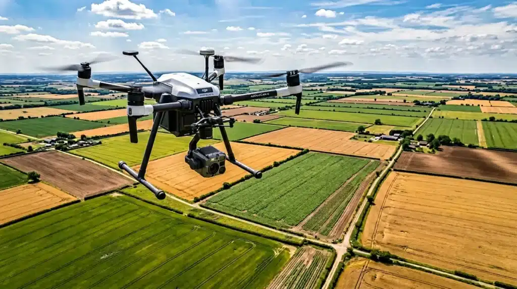 Drone professionnel avec caméra survolant patchwork de champs agricoles