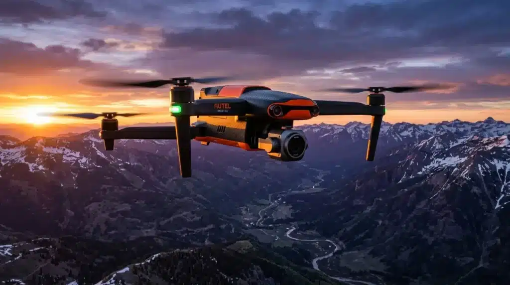 Drone noir et orange survolant montagnes enneigées au coucher soleil