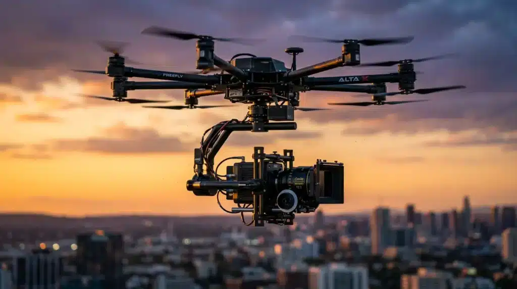 Drone professionnel survolant cityscape au crépuscule