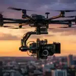 Drone professionnel survolant cityscape au crépuscule