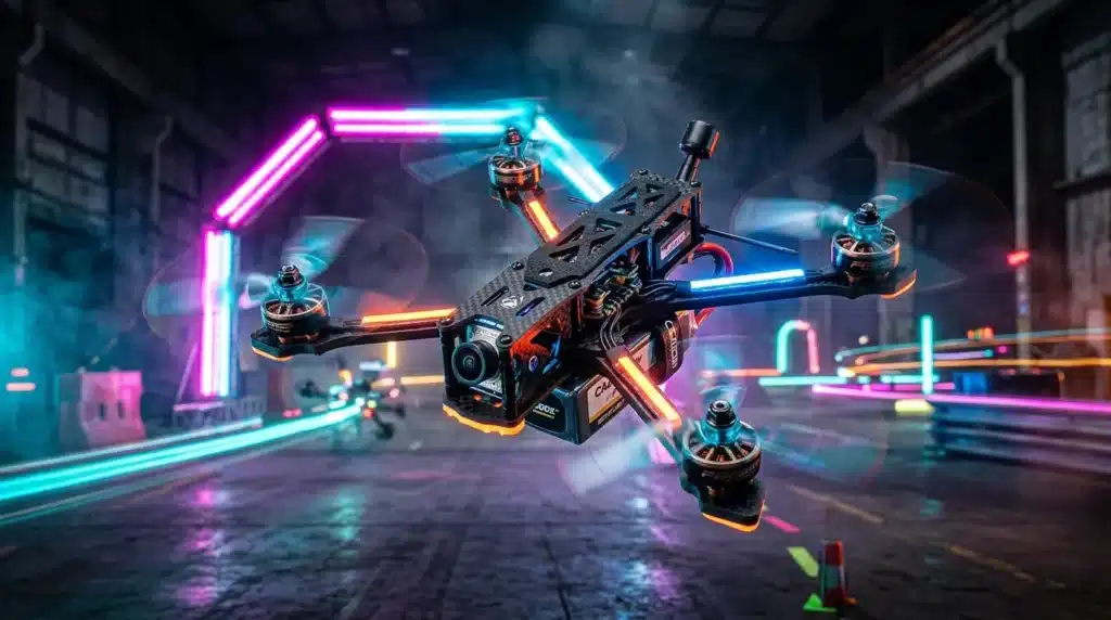 Drone FPV noir et orange dans ville néon synthétique