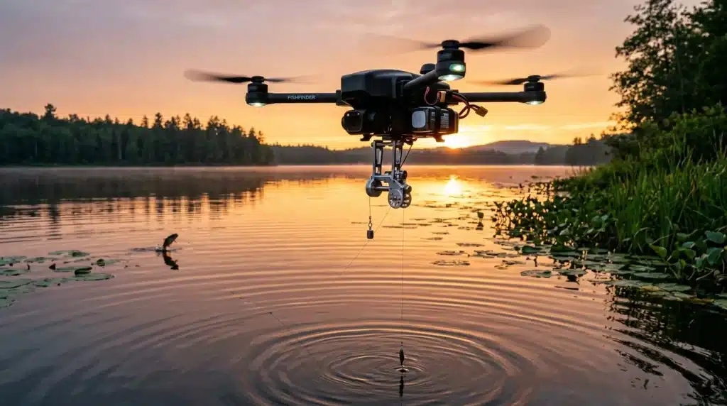 Drone Fishfinder en vol au-dessus d'un lac au coucher soleil