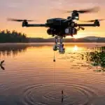 Drone Fishfinder en vol au-dessus d'un lac au coucher soleil