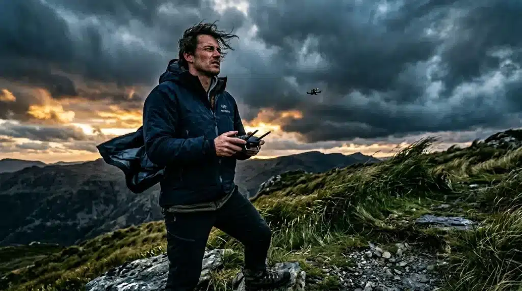 Homme contrôlant un drone en montagne sous ciel orageux