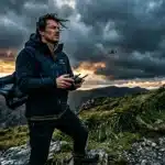 Homme contrôlant un drone en montagne sous ciel orageux