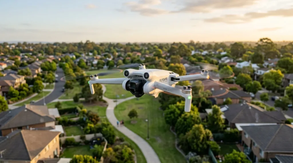 Drone blanc FLYSAFE volant au-dessus d'un quartier résidentiel