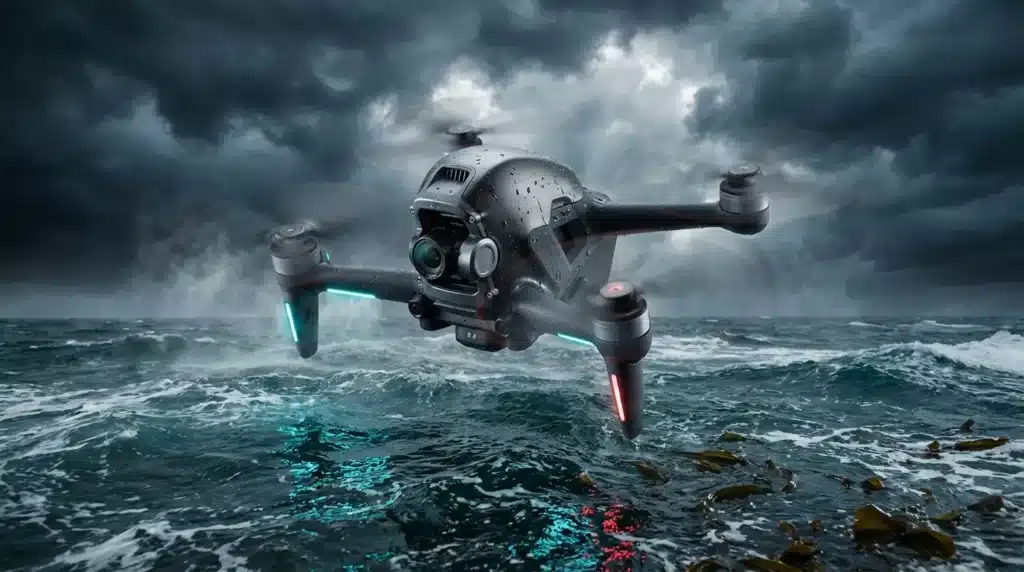 Drone militaire high-tech survolant une mer agitée et tempétueuse