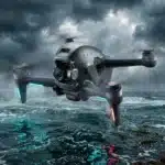 Drone militaire high-tech survolant une mer agitée et tempétueuse