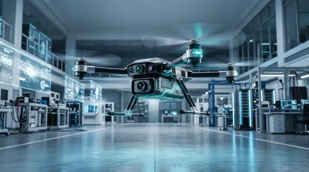 Drone autonome volant dans un laboratoire technologique moderne