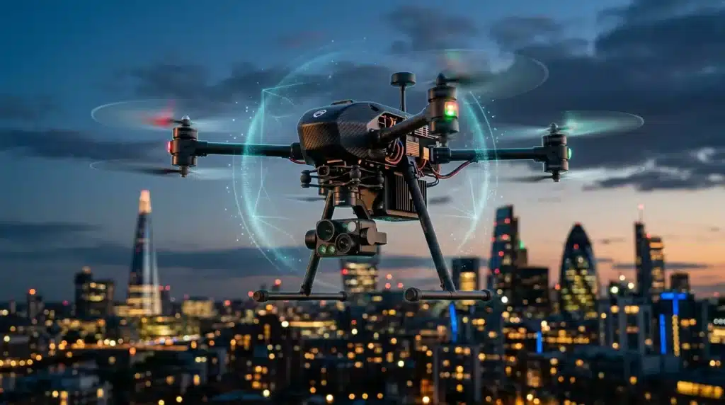 Drone technologique avec hologramme au-dessus d'une métropole illuminée