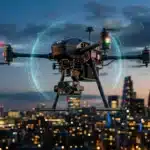 Drone technologique avec hologramme au-dessus d'une métropole illuminée
