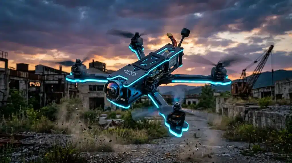Drone racing bleu néon volant au-dessus ville abandonnée