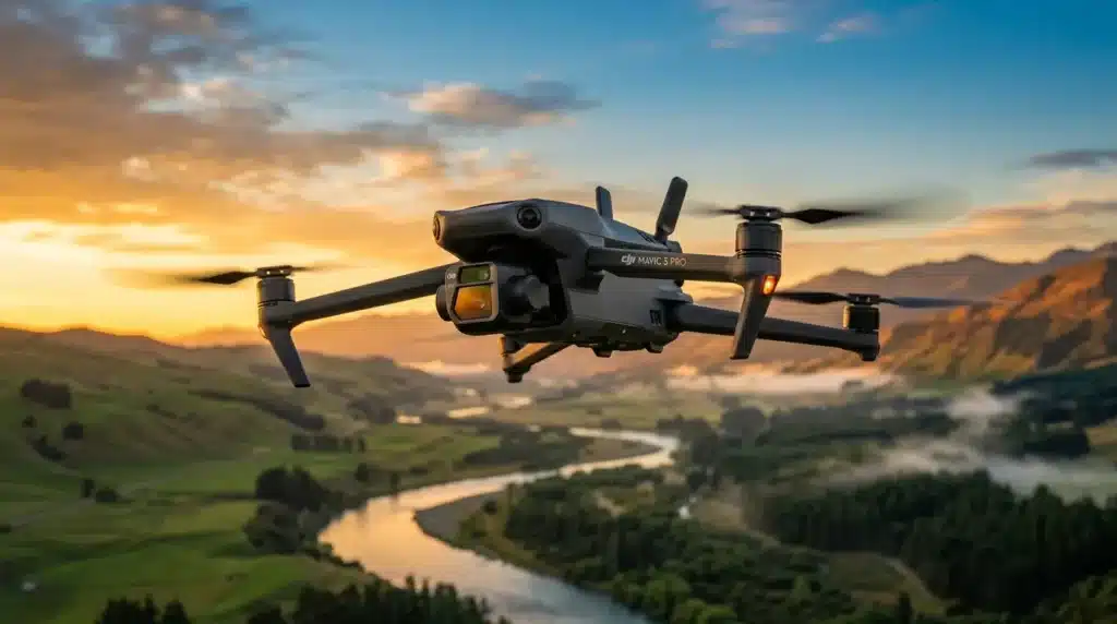 Drone DJI Mavic 3 Pro volant au-dessus d'une vallée verdoyante