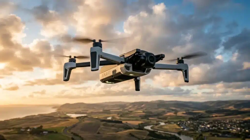 Drone blanc survolant paysage côtier vallonné