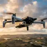Drone blanc survolant paysage côtier vallonné