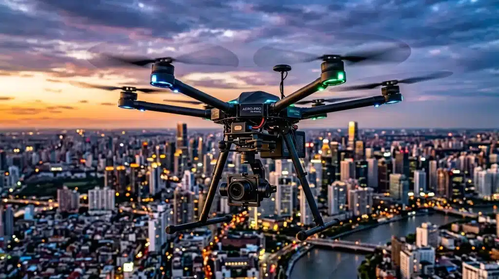 Drone AERO-PRO avec caméra survolant une métropole illuminée au crépuscule