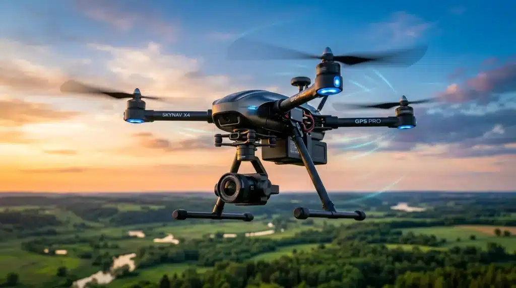 Drone professionnel noir survolant paysage rural verdoyant