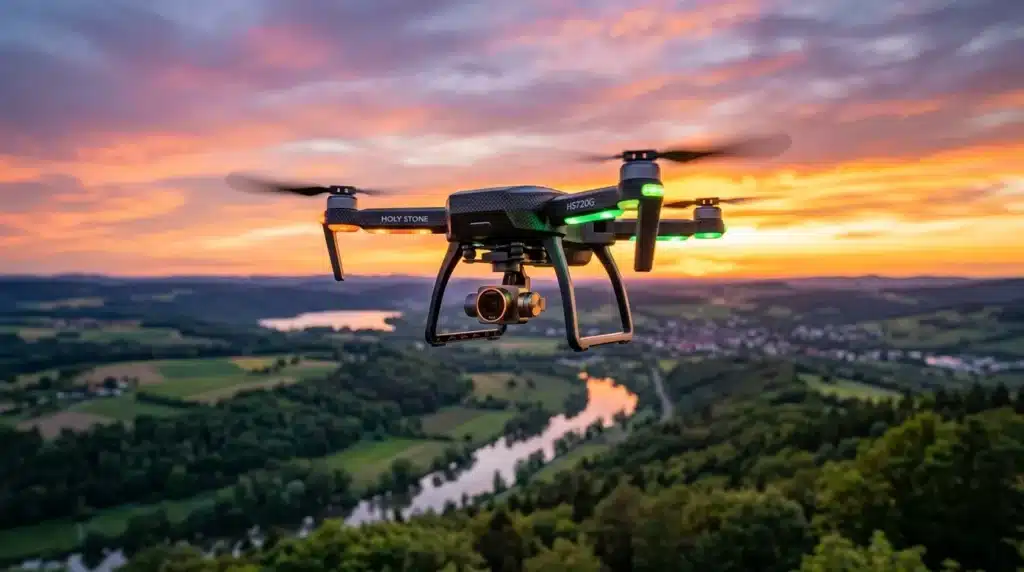 Drone noir survolant paysage vallée fleuve coucher soleil
