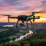 Drone noir survolant paysage vallée fleuve coucher soleil