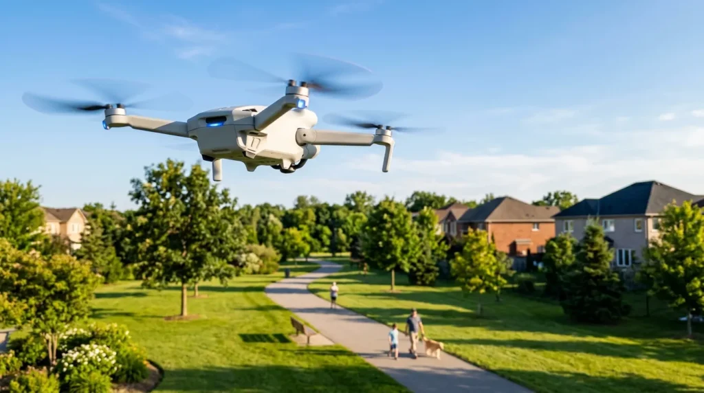 Drone quadricoptère blanc volant au-dessus d'un quartier