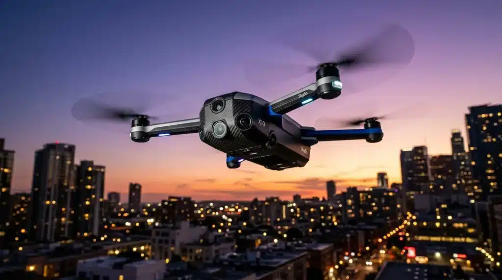 Drone noir en vol au-dessus d'une ville illuminée la nuit