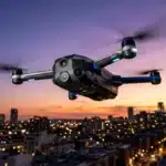 Drone noir en vol au-dessus d'une ville illuminée la nuit