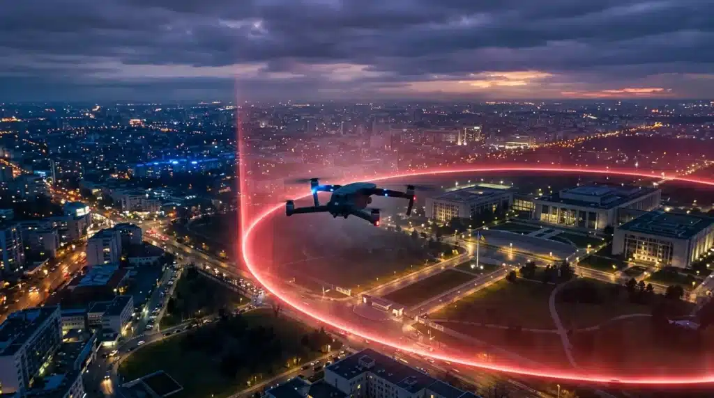 Drone volant au-dessus d'une ville nocturne avec traînées lumineuses rouges