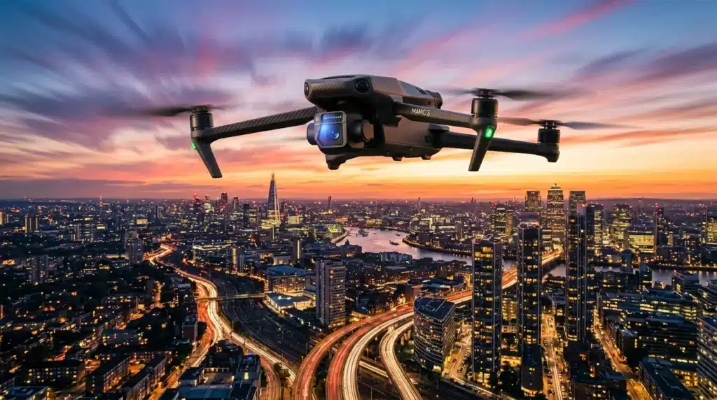 Drone DJI Mavic survole la ville de Londres illuminée au crépuscule