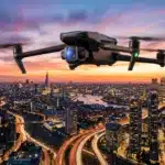 Drone DJI Mavic survole la ville de Londres illuminée au crépuscule