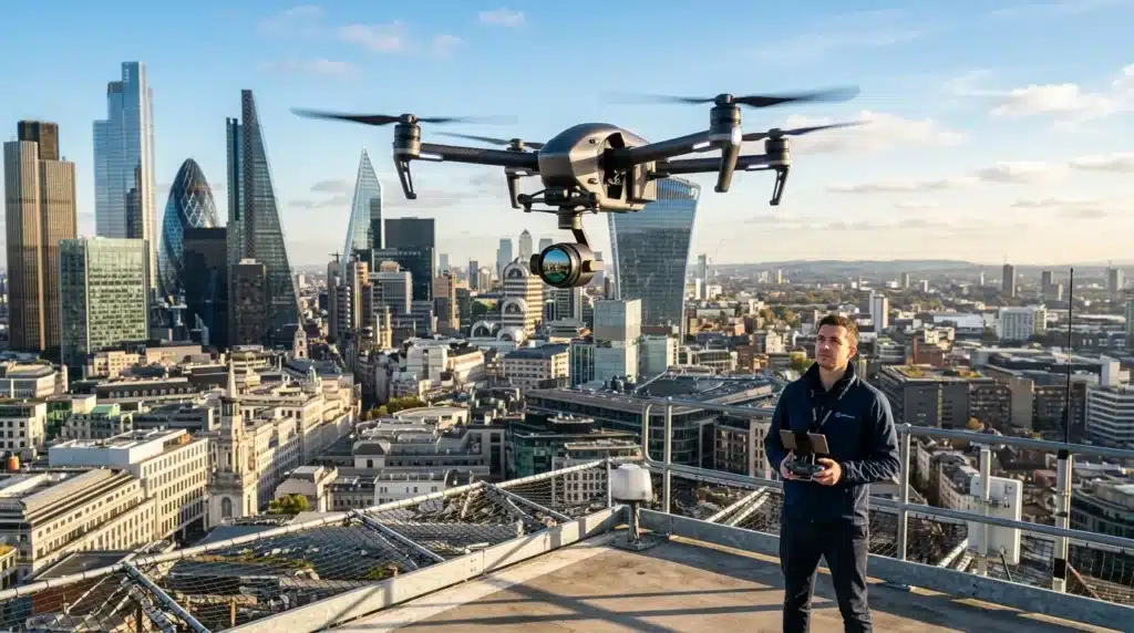 Opérateur drone contrôlant quadricoptère au-dessus de Londres