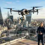 Opérateur drone contrôlant quadricoptère au-dessus de Londres