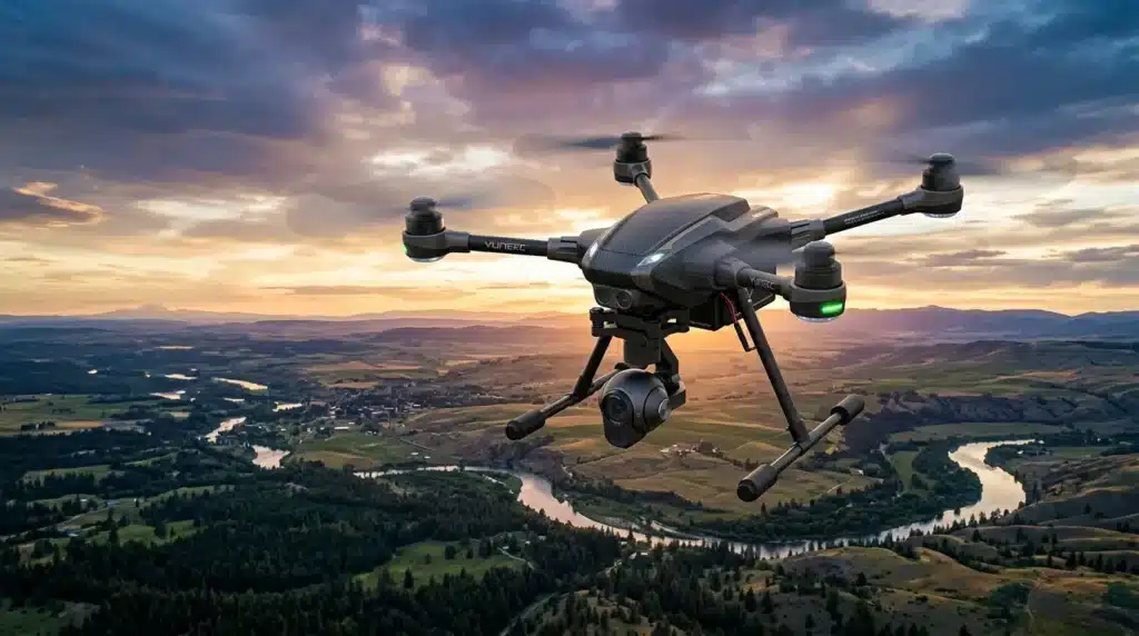 Drone noir en vol au-dessus vallée avec rivière et montagnes