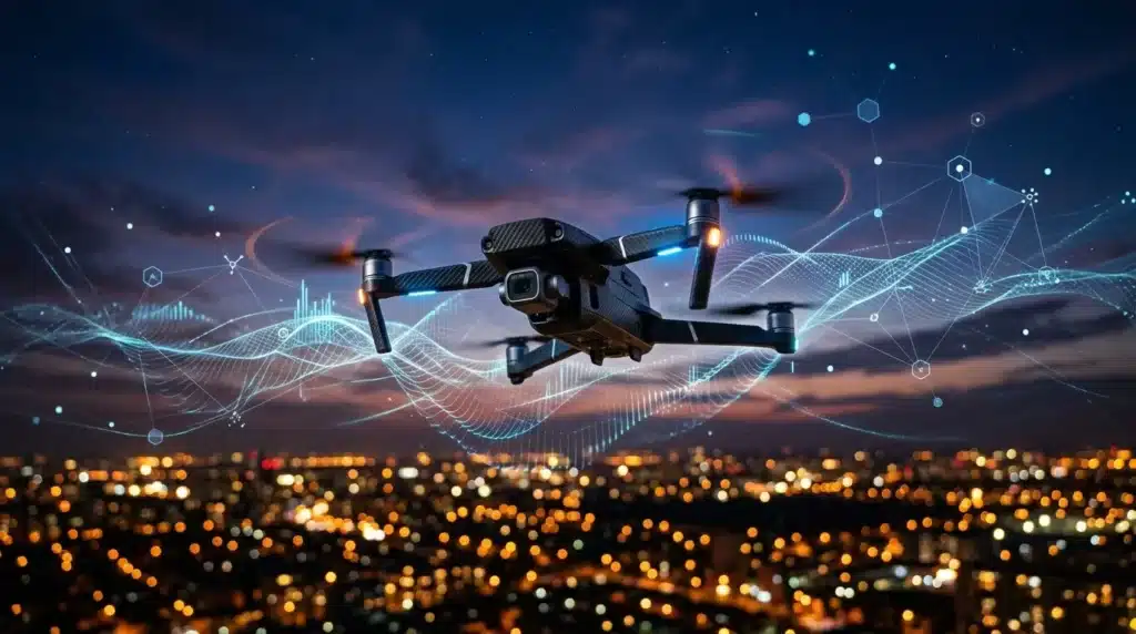 Drone survolant ville illuminée avec données numériques