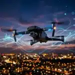 Drone survolant ville illuminée avec données numériques