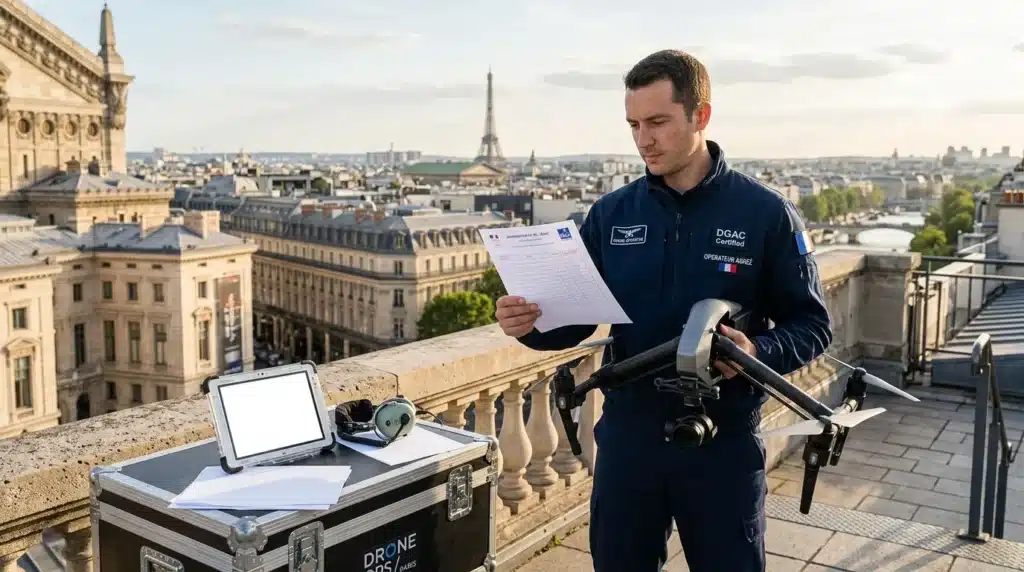 Technicien avec drone surplombant Paris et la tour Eiffel
