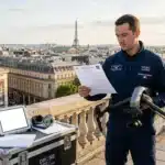 Technicien avec drone surplombant Paris et la tour Eiffel