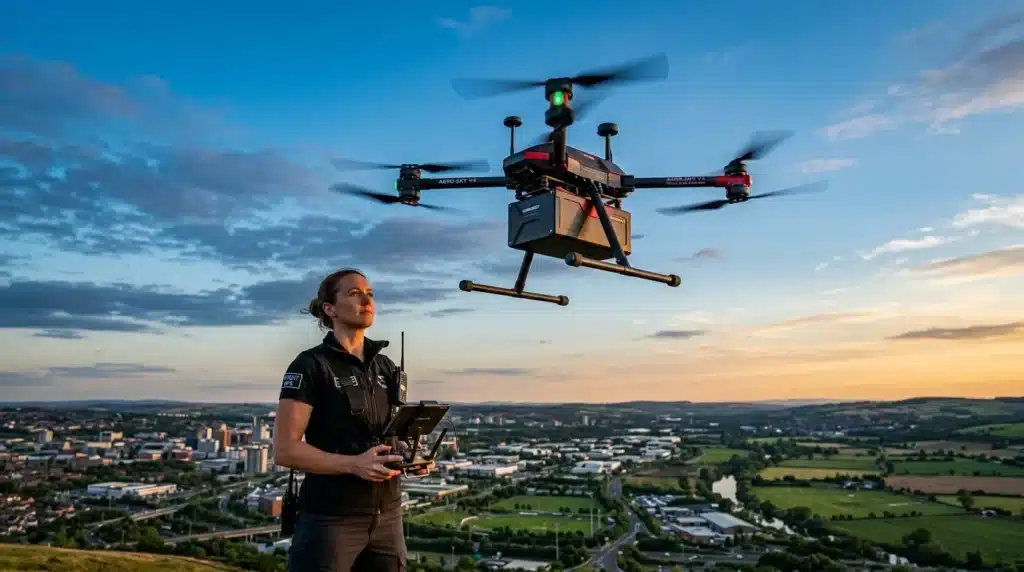 Femme pilotant un drone hexacoptère au-dessus d'une ville