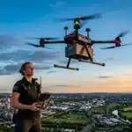 Femme pilotant un drone hexacoptère au-dessus d'une ville