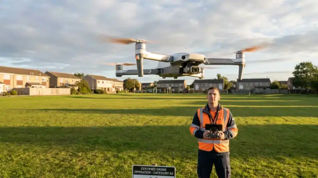 Opérateur drone certifié catégorie A2 pilotant un drone au-dessus d'un champ