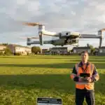 Opérateur drone certifié catégorie A2 pilotant un drone au-dessus d'un champ