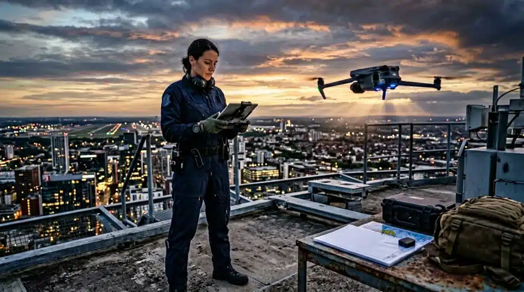 Femme pilote drone sur toit ville illuminée crépuscule