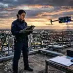 Femme pilote drone sur toit ville illuminée crépuscule