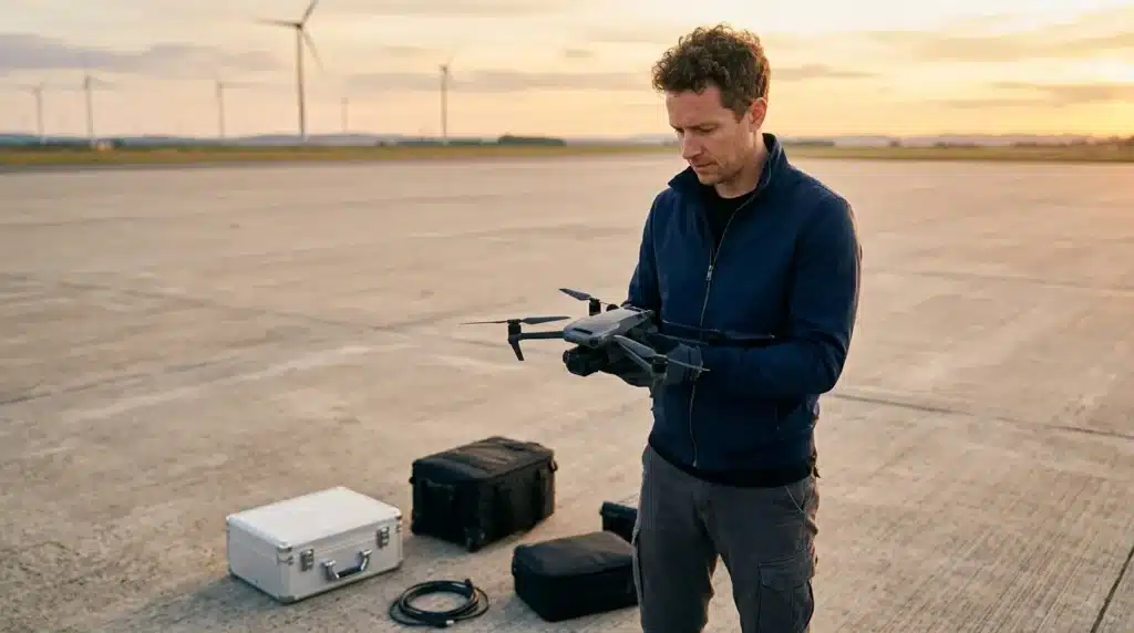 Homme pilotant un drone près d'éoliennes au coucher du soleil