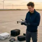Homme pilotant un drone près d'éoliennes au coucher du soleil