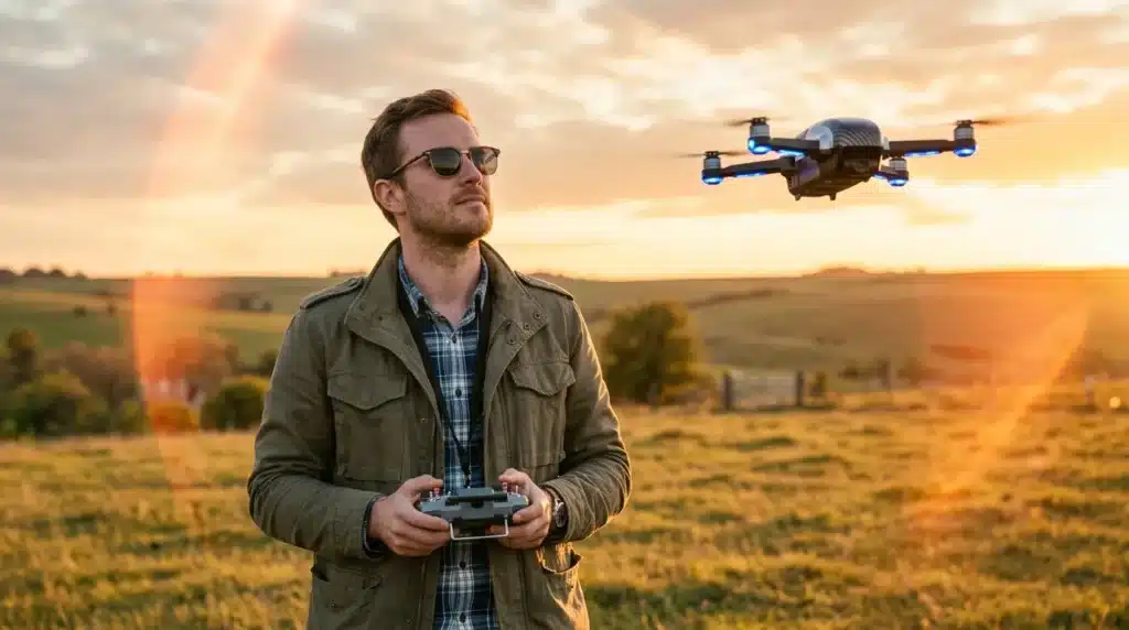 Homme contrôlant un drone dans un champ rural au coucher du soleil