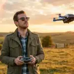 Homme contrôlant un drone dans un champ rural au coucher du soleil